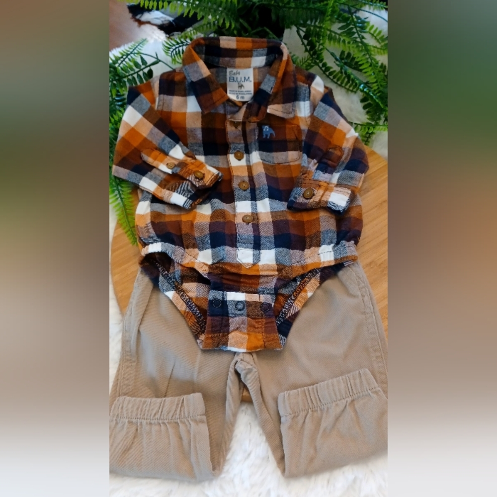 Baby Bum Plaid Button Down Onsie, Baby Bum Khaki Pants Sz 6M